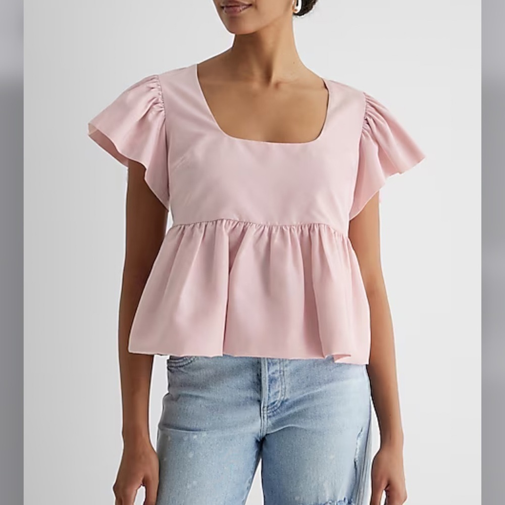 Express Top Women XS Blouse Peplum Shirt Baby Pink  Flutter Sleeve Babydoll Z